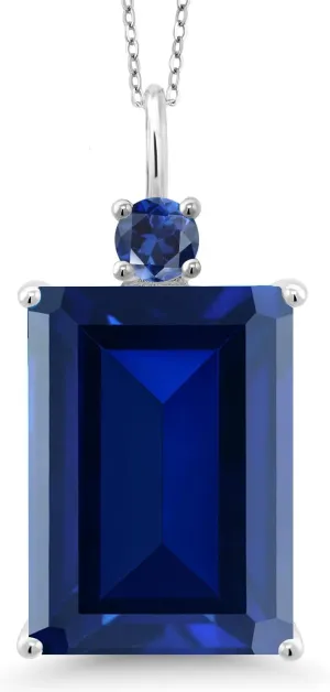 | 925 Sterling Silver | Emerald Cut 18X13MM | With 18 Inch Silver Chain Gem Stone King 17.75 Cttw Blue Created Sapphire sidewalk sulfur ripen Pendant Necklace For Women 