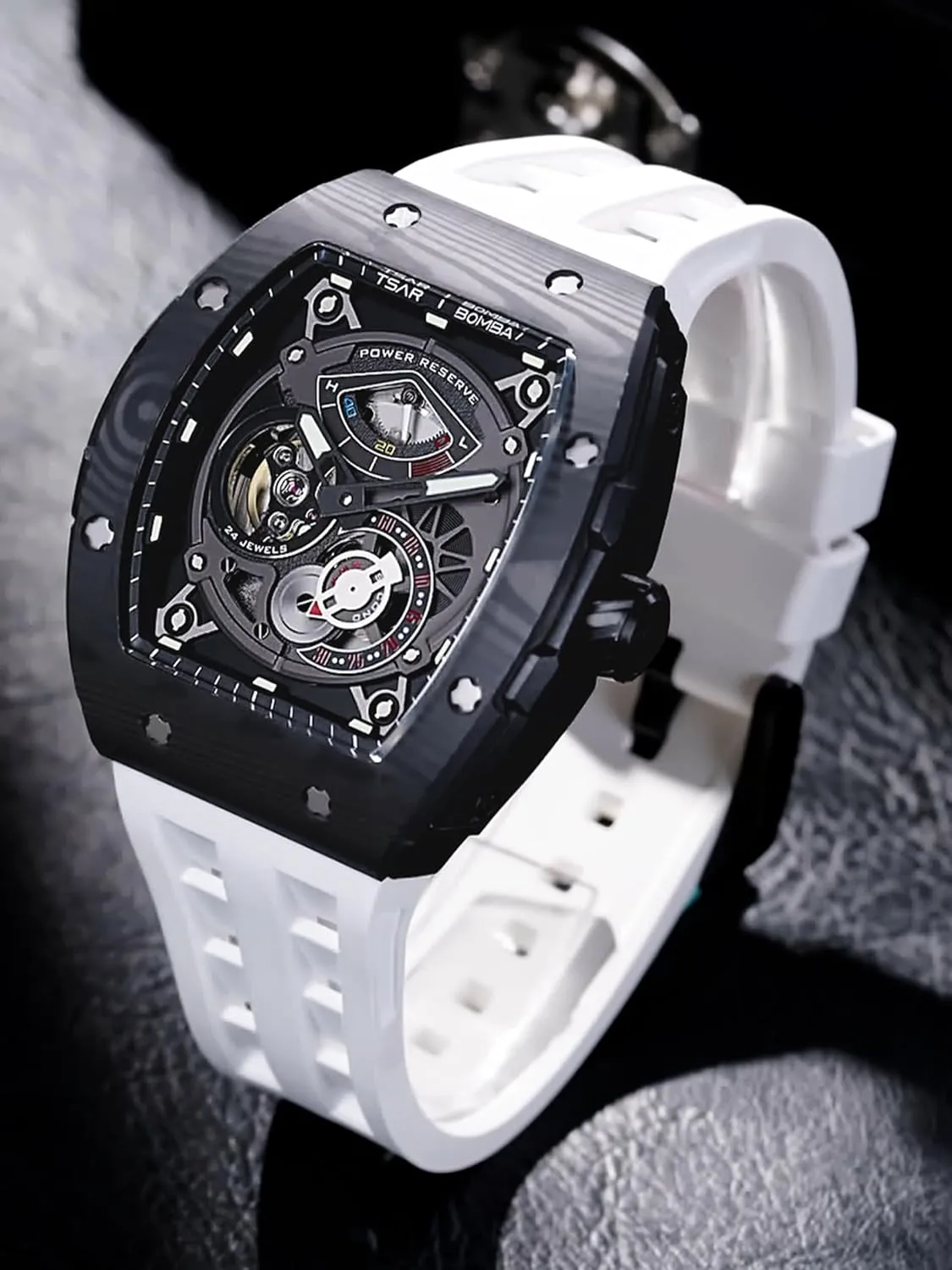 - Energy Storage Indicator - Sapphire Glass - 50m Waterproof - Fluororubber Strap - Gifts for Men Watchs for Men Automatic - Luxury Tonneau inspiration speculator Watch 