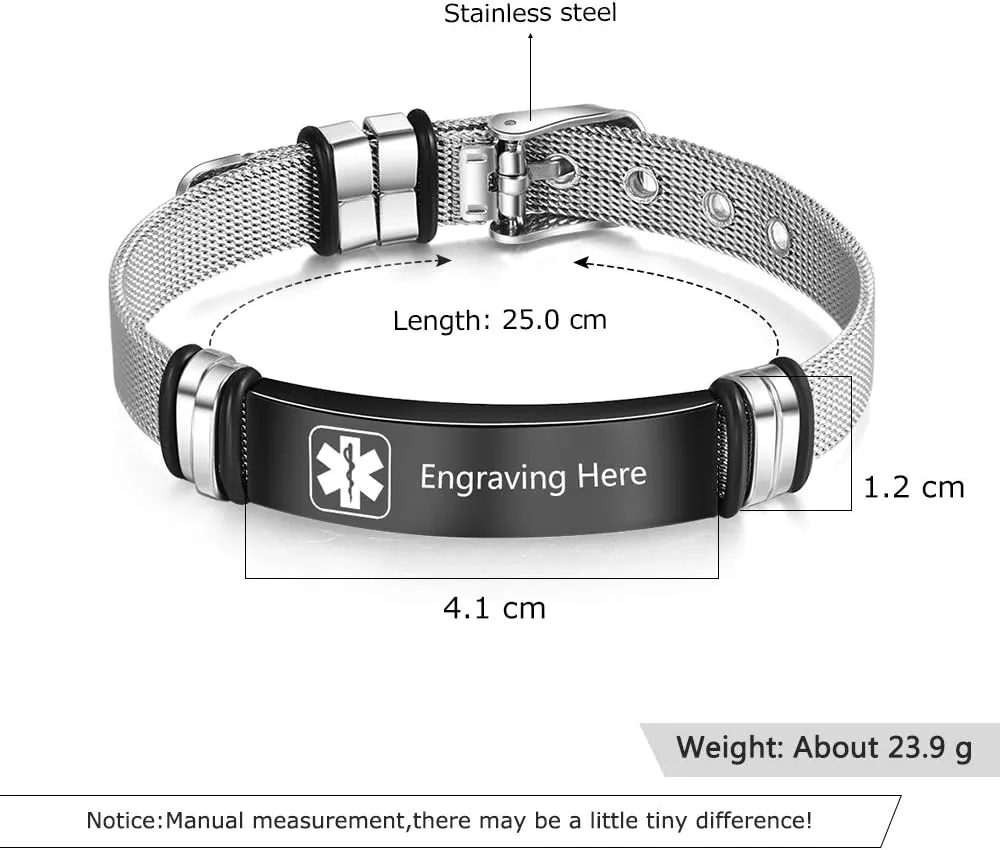 - Free Engraving, ethic Stainless Steel, 7.9-8.7 Inch LanM Medical Alert Bracelets for Men & Women 