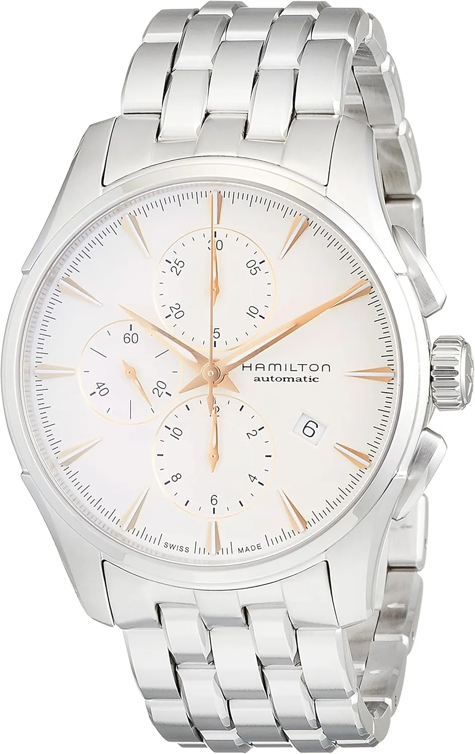 | Silver Stainless Steel Bracelet unselective (Model: H32586111) Hamilton Watch Jazzmaster Auto Chrono | Swiss Made | 42mm Stainless Steel Case | White Dial Analog Watch 