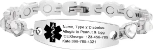 | Stainless Steel Adjustable Heart Link with Blue/White/Multi/Purple Cubic Zirconia | Emergency Medical Alert Healthcare Accessory stash practical nursing catharsis 17cm with Health Card Custom Engraved Medical ID Bracelet 