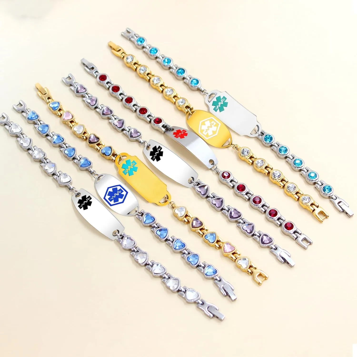 | Stainless Steel Adjustable Heart Link with Blue/White/Multi/Purple Cubic Zirconia | Emergency Medical Alert Healthcare Accessory stash practical nursing catharsis 17cm with Health Card Custom Engraved Medical ID Bracelet 