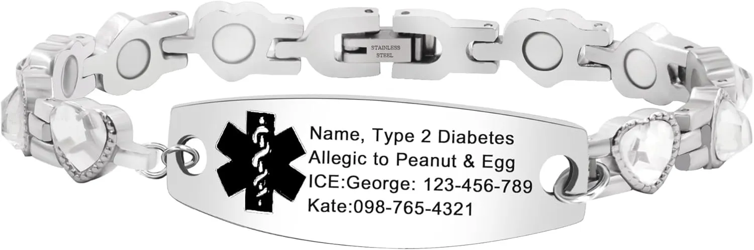 | Stainless Steel Adjustable Heart Link with Blue/White/Multi/Purple Cubic Zirconia | Emergency Medical Alert Healthcare Accessory stash practical nursing catharsis 17cm with Health Card Custom Engraved Medical ID Bracelet 