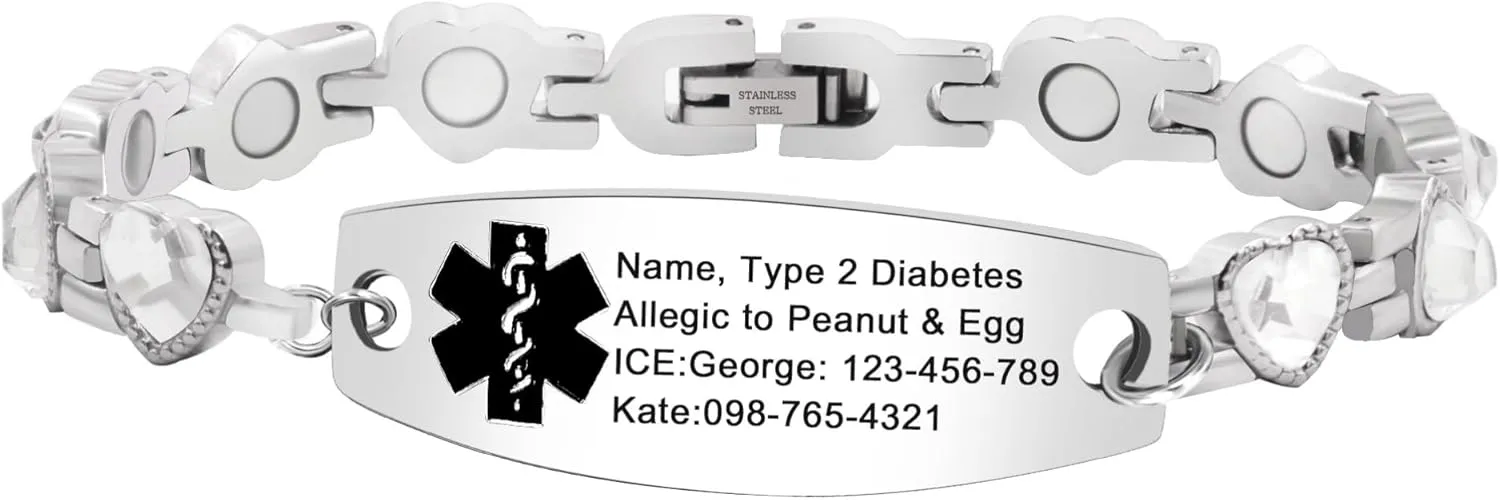 | Stainless Steel Adjustable Heart Link with Blue/White/Multi/Purple Cubic Zirconia | Emergency Medical Alert Healthcare Accessory stash practical nursing catharsis 17cm with Health Card Custom Engraved Medical ID Bracelet 