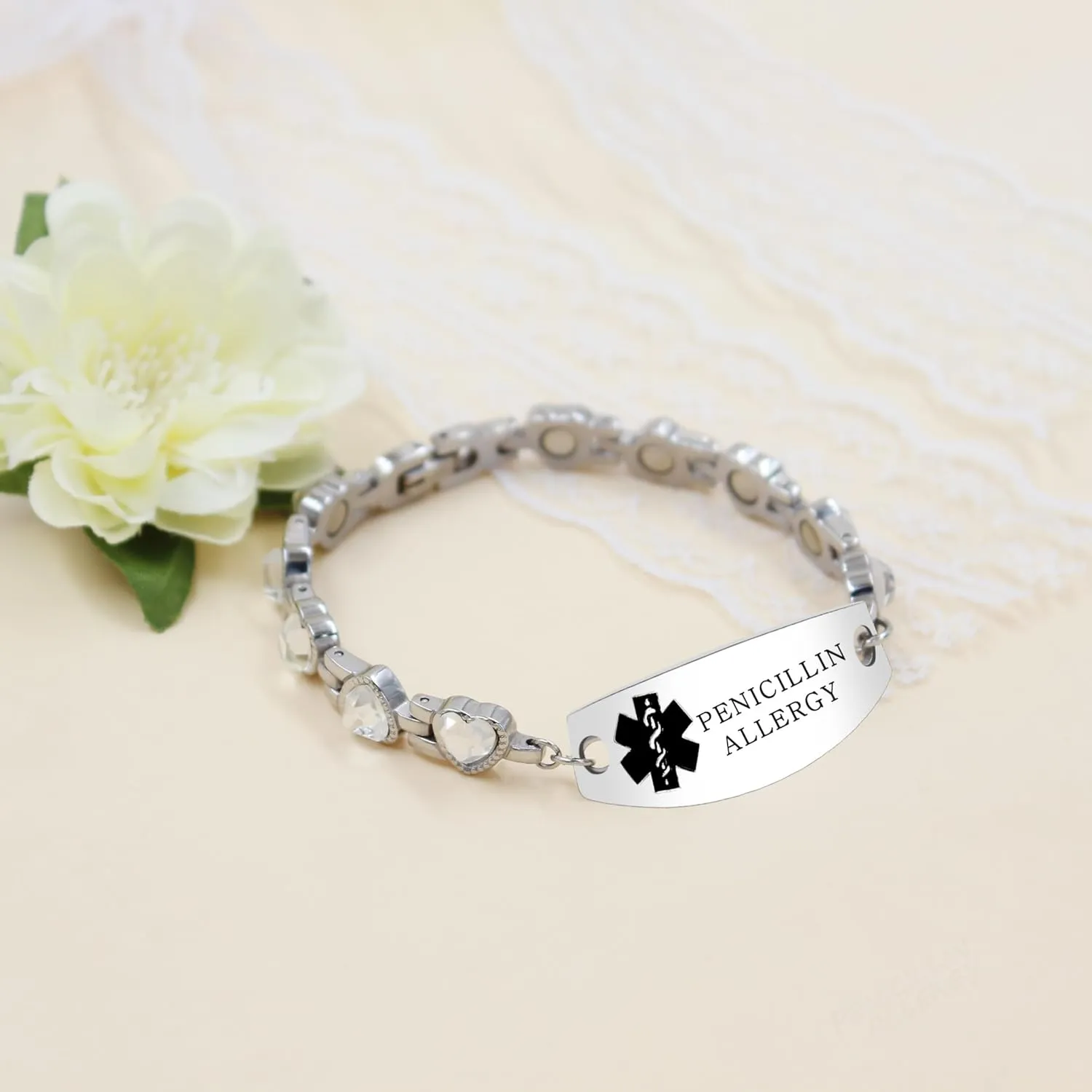 | Stainless Steel Adjustable Heart Link with Blue/White/Multi/Purple Cubic Zirconia | Emergency Medical Alert Healthcare Accessory stash practical nursing catharsis 17cm with Health Card Custom Engraved Medical ID Bracelet 
