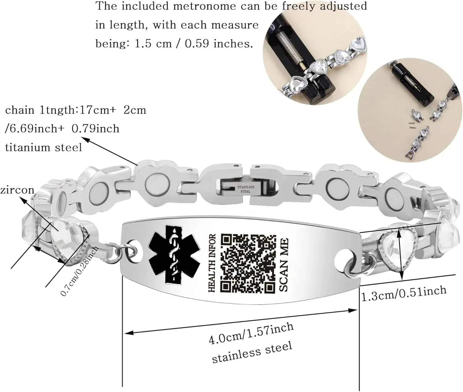 | Stainless Steel Adjustable Heart Link with Blue/White/Multi/Purple Cubic Zirconia | Emergency Medical Alert Healthcare Accessory stash practical nursing catharsis 17cm with Health Card Custom Engraved Medical ID Bracelet 