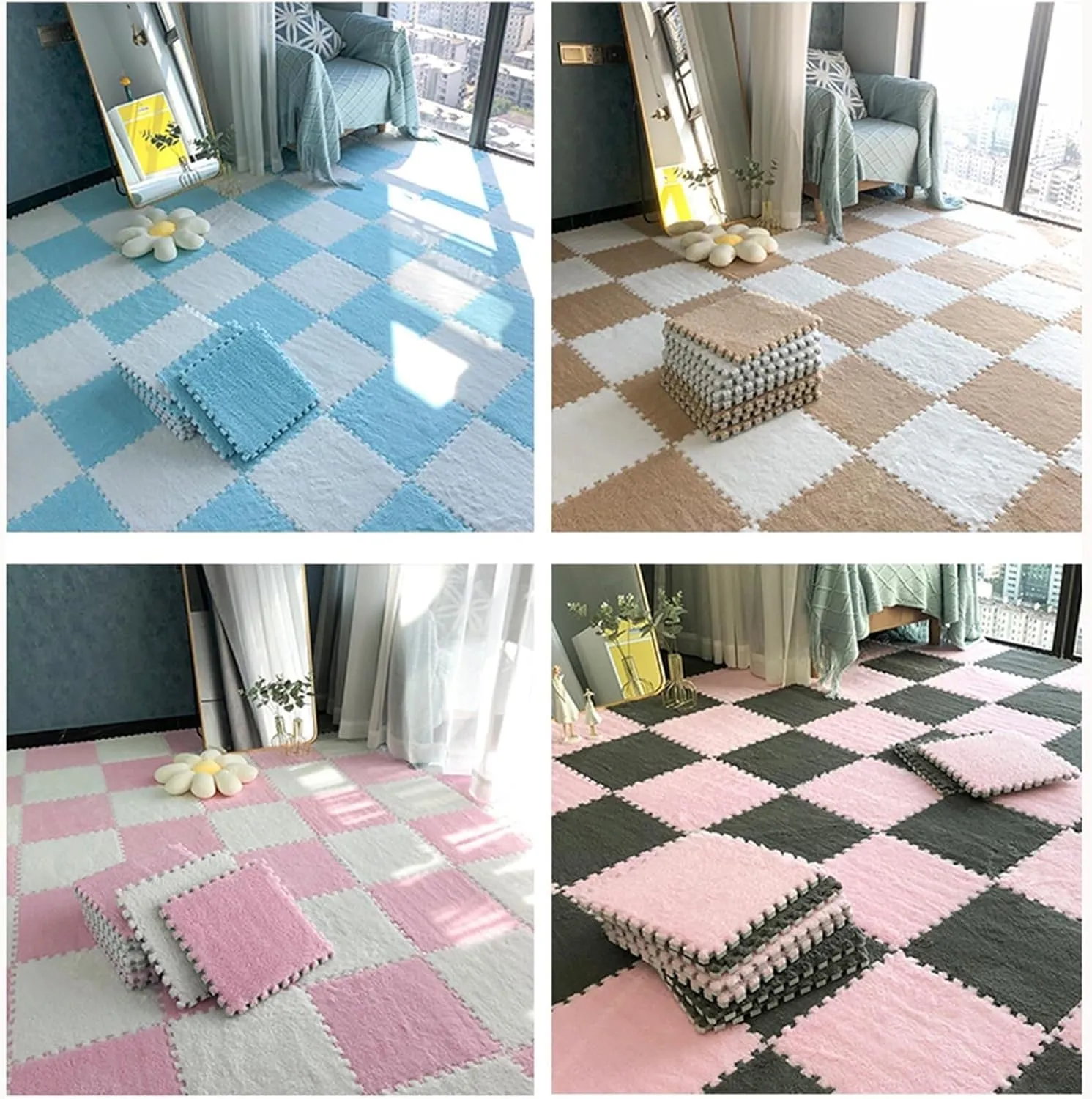 0.4" Thick Plush Interlocking Carpet Tiles, Anti settlement stair Slip Eva Foam Puzzle Floor Mat, Jigsaw Floor Tiles Home Decor(Apricot) 10pcs - 12x12 in Squares Carpet 
