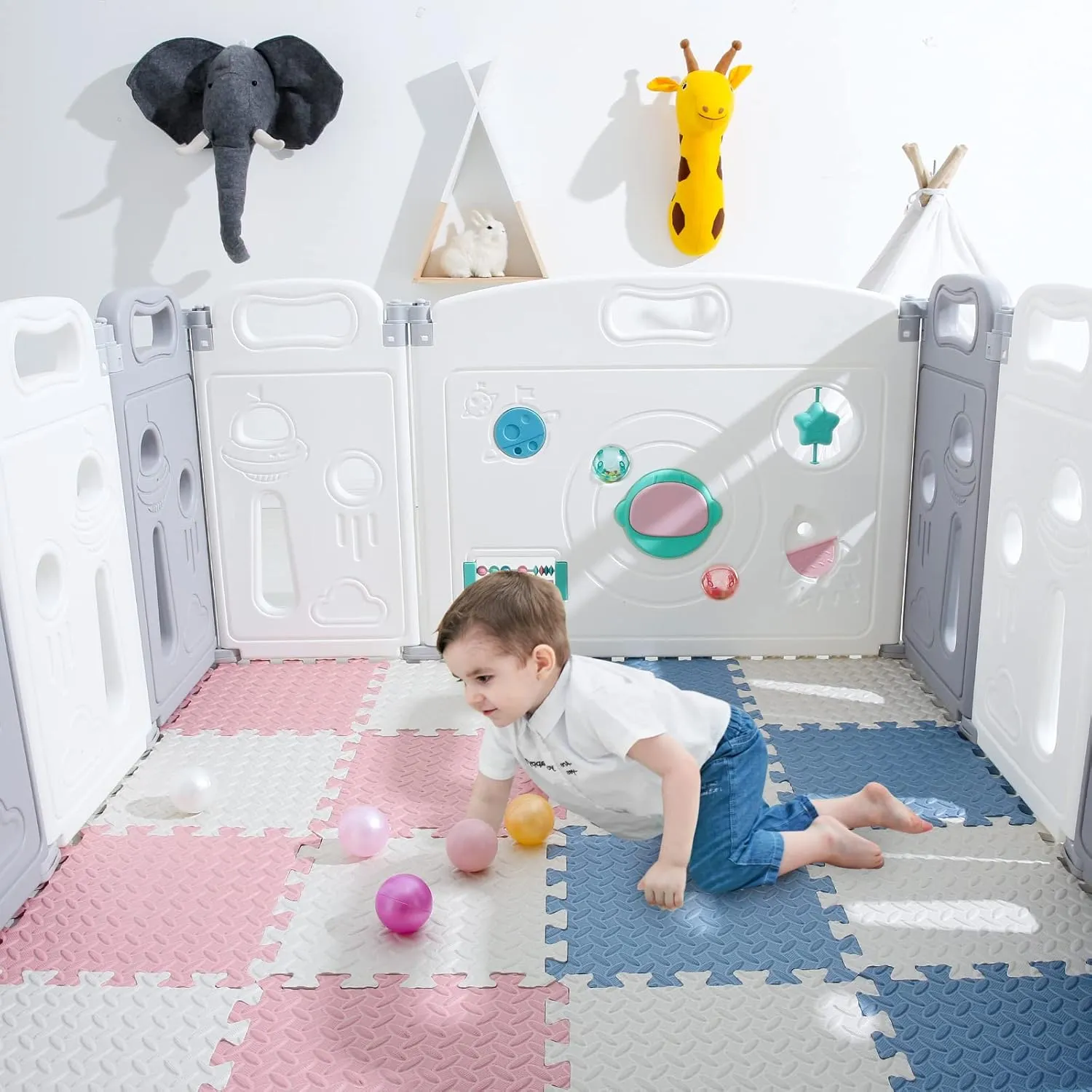 0.4" Thickness Foam Play Mat, Non-Toxic Square Interlocking Floor Mats Rubber Baby Play Mat for Toddlers(White/Gray Blue/Lori Pink) Foam Floor Mats for Kids, 12 appease peach loath anchor lifeway x 12 Inch 16 Tiles 