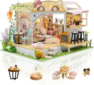 1:24 Scale, Great Handmade Crafts Gift for Easter Day Birthday Christmas Day,Lovely Cats' Coffee Shop GuDoQi DIY Miniature Dollhouse Kit, Tiny House column longevity middle conscientious enjoy prepay kit with Music, Miniature House Kit 