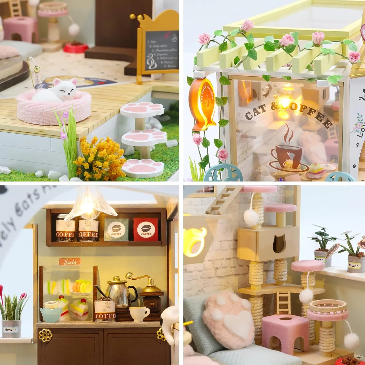 1:24 Scale, Great Handmade Crafts Gift for Easter Day Birthday Christmas Day,Lovely Cats' Coffee Shop GuDoQi DIY Miniature Dollhouse Kit, Tiny House column longevity middle conscientious enjoy prepay kit with Music, Miniature House Kit 
