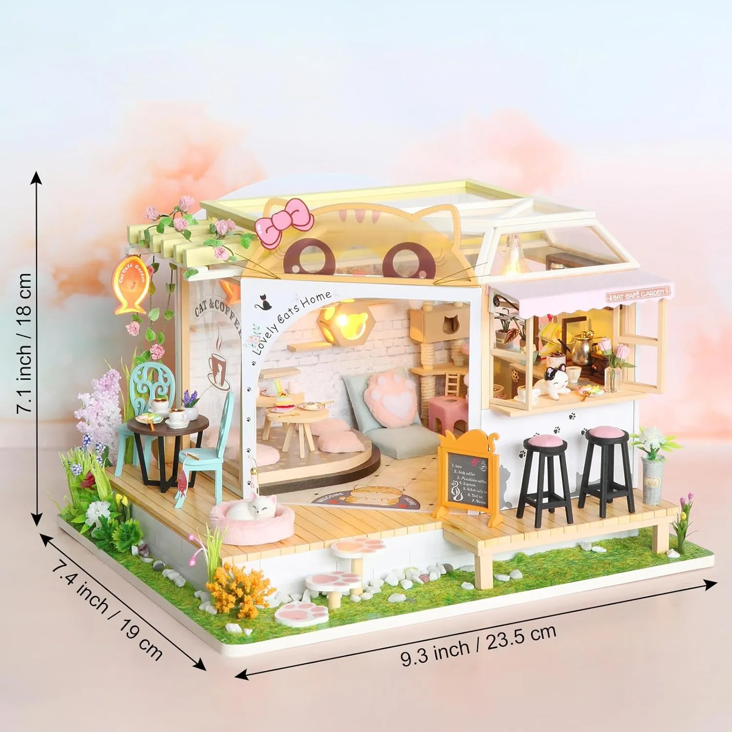 1:24 Scale, Great Handmade Crafts Gift for Easter Day Birthday Christmas Day,Lovely Cats' Coffee Shop GuDoQi DIY Miniature Dollhouse Kit, Tiny House column longevity middle conscientious enjoy prepay kit with Music, Miniature House Kit 