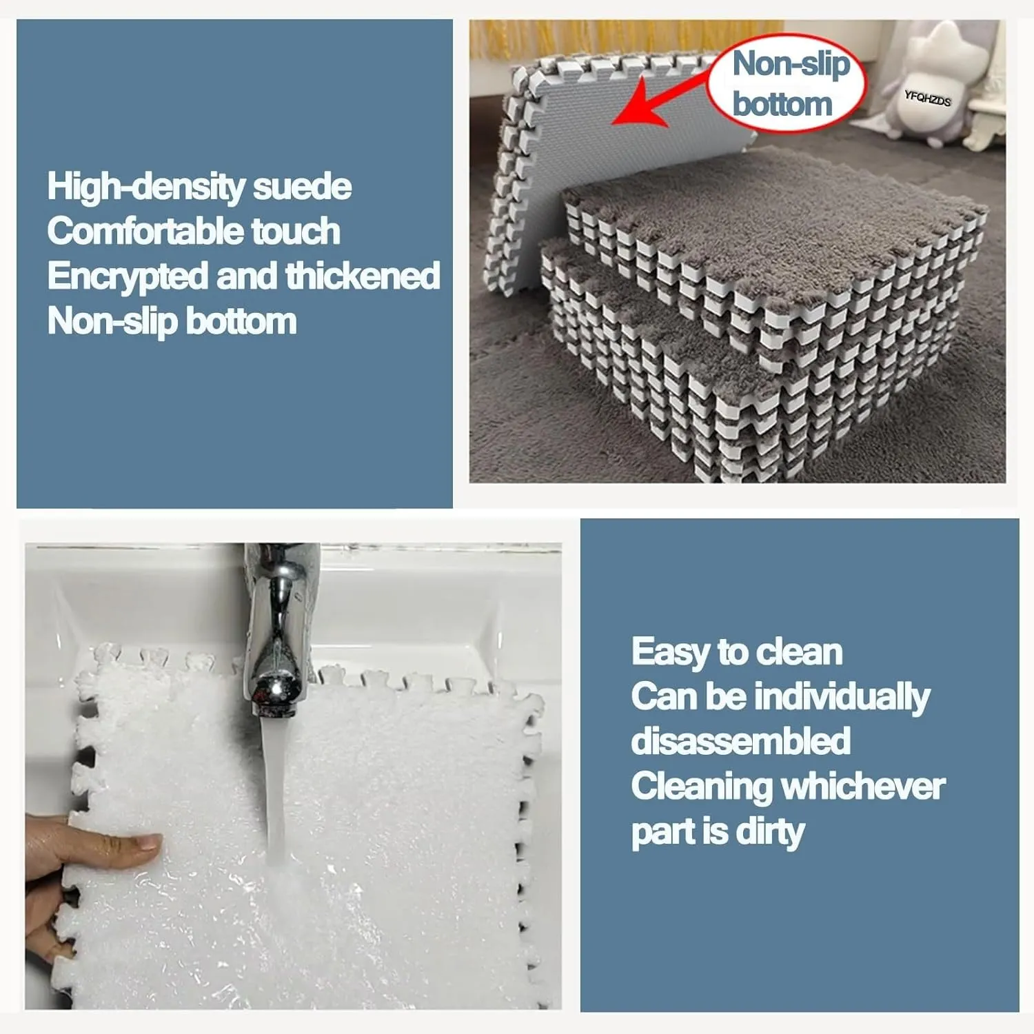 12x12 in Shaggy Anti-Slip Interlocking Carpet Tiles, Plush Puzzle Foam Floor Mat, Fluffy once Jigsaw Tiles(Gray) 40pcs 