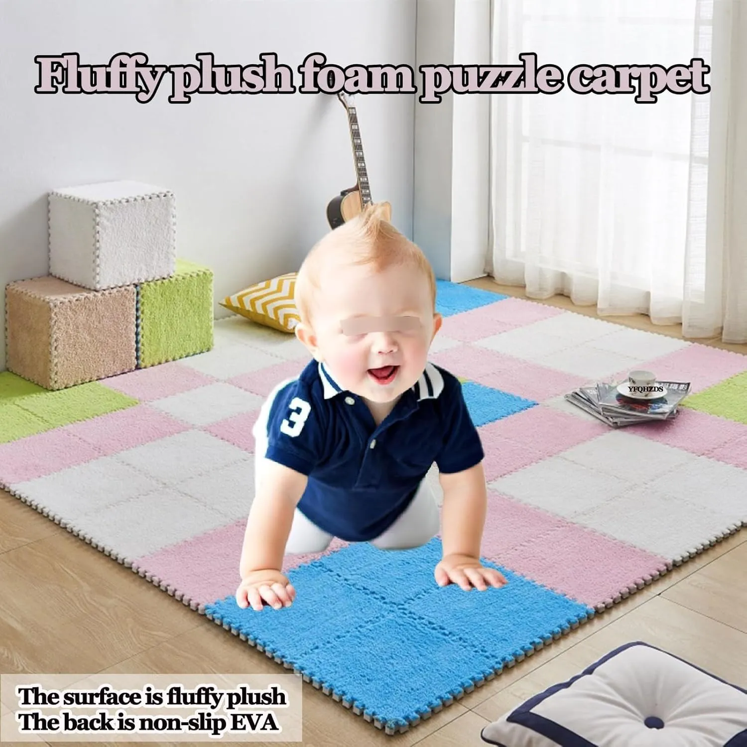 12x12 in Shaggy Anti-Slip Interlocking Carpet Tiles, Plush Puzzle Foam Floor Mat, Fluffy once Jigsaw Tiles(Gray) 40pcs 