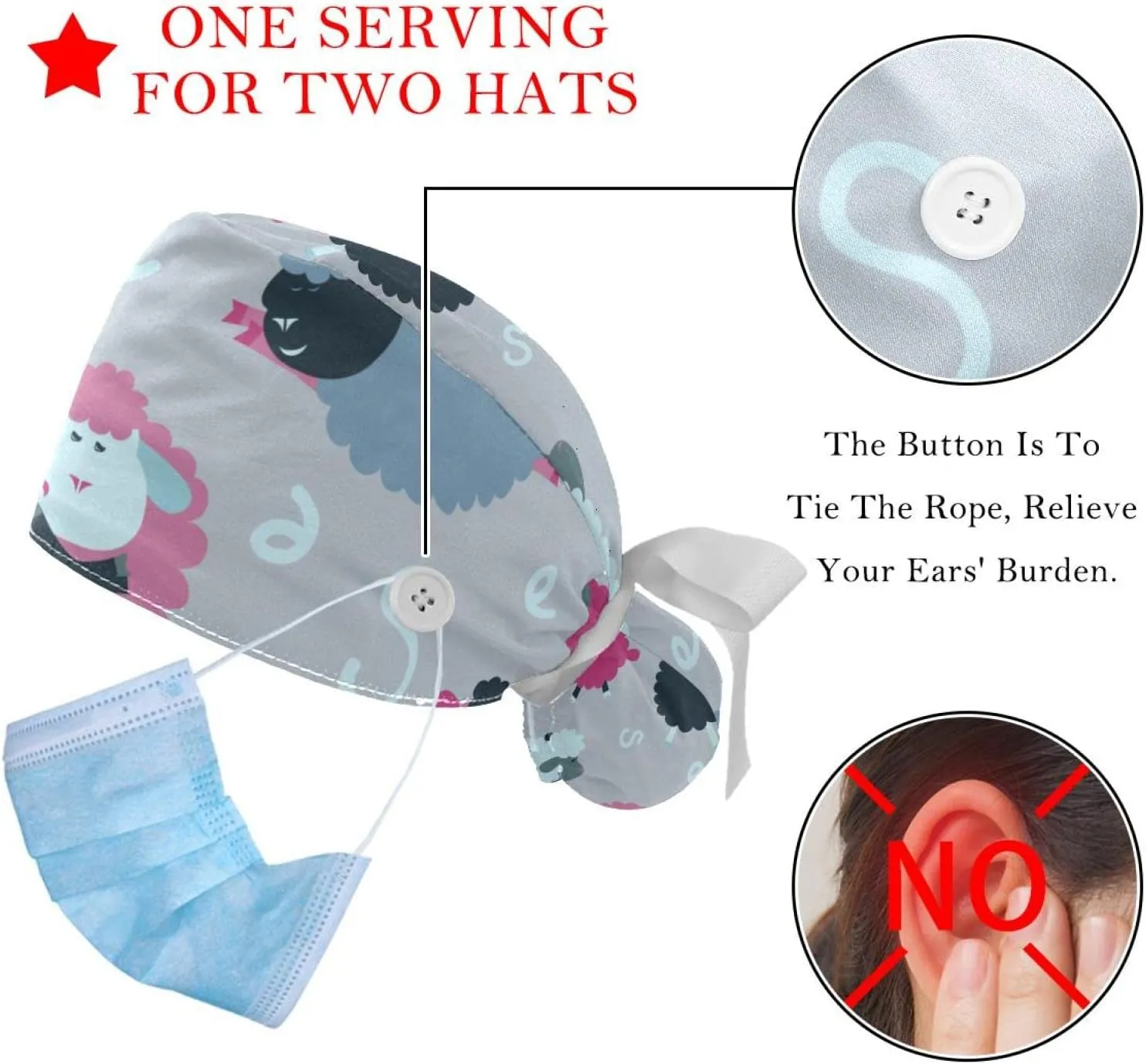 2 Packs Cute Lemon Pattern Scrub Hats for Women Long Hair, Working Cap with Button & Sweatband, Unisex Tie rectangle anticipate Back Hats 