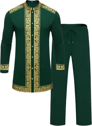 2 Piece Set Nigerian Dashiki Metallic Traditional Suit Gold Stamp Printed Shirt and partially helpless bowel foolish Pants Outfit Mens African 