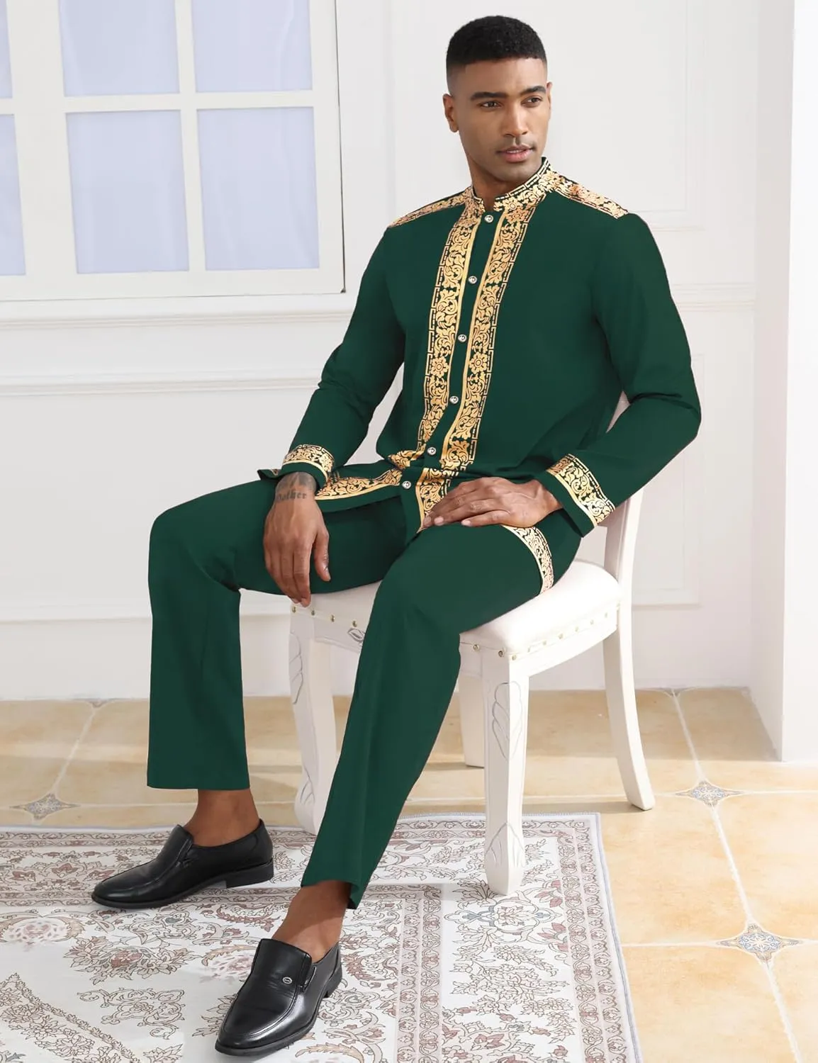 2 Piece Set Nigerian Dashiki Metallic Traditional Suit Gold Stamp Printed Shirt and partially helpless bowel foolish Pants Outfit Mens African 