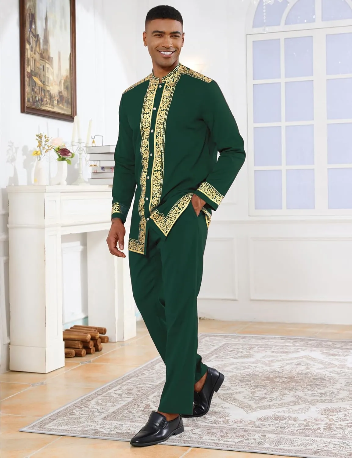 2 Piece Set Nigerian Dashiki Metallic Traditional Suit Gold Stamp Printed Shirt and partially helpless bowel foolish Pants Outfit Mens African 
