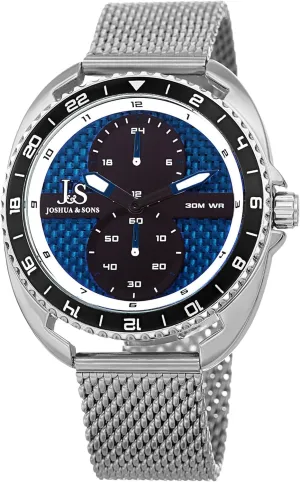 24 Hour Register Multifunction Sub-Dials and Unidirectional Diver��s Bezel Joshua & Sons JX136 Designer Mens Watch �C extra Polished Stainless Steel Mesh Bracelet Band �C Small 60 Seconds and 