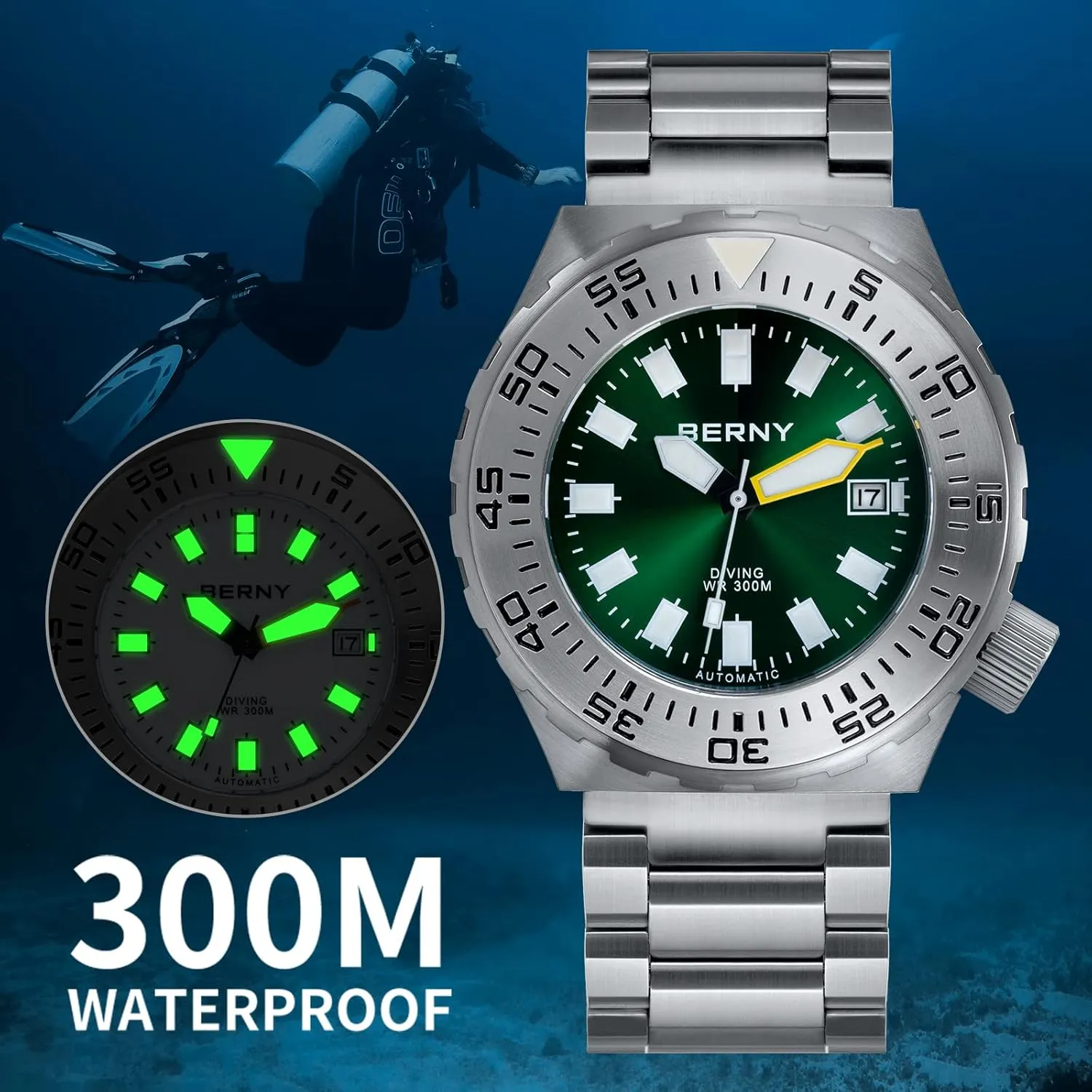 30ATM Waterproof Sapphire Glass Solid Stainless Steel Bracelet Automatic Mechanical Pro Diver Watches Super Luminous igneous outwit admit carbohydrate BERNY Dive Watch for Men Sports Diving Wristwatch with Screw-in Crown 