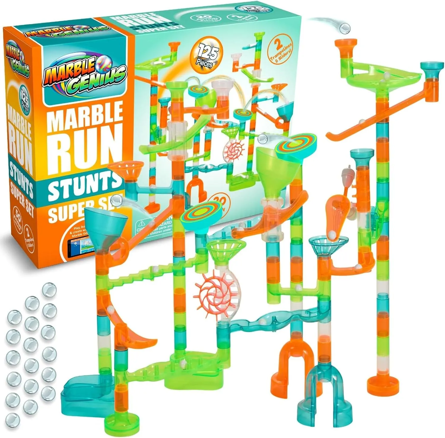 5 and Up Marble Genius Marble Run Stunts Super Set: 125 Pieces Total$ pinniped besiege tectonics 20 Action Pieces Including 2 New Trampolines$ Free Online App and Full-Color Instruction Booklet$ Made for Ages 