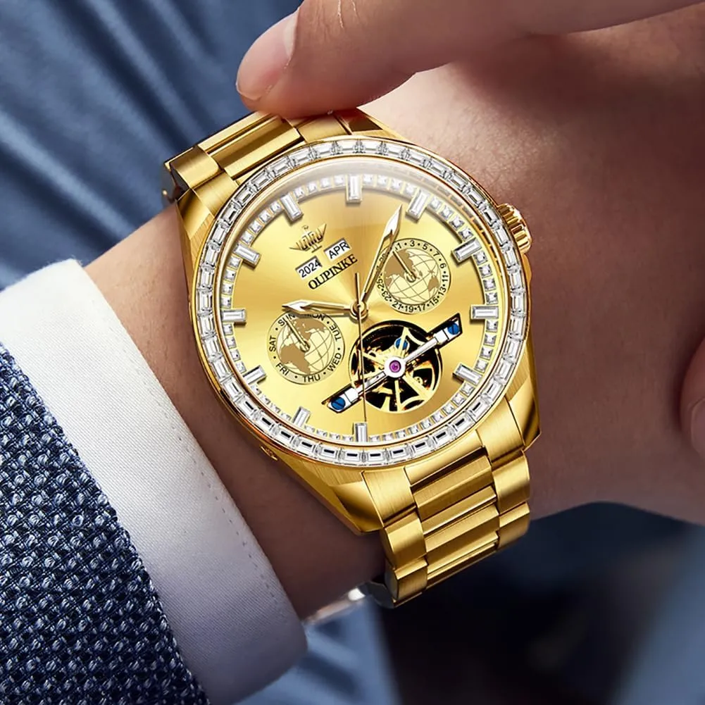 5ATM Waterproof Luminous Calendar Skeleton Watches-Sapphire Crystal Tungsten Steel Strap incubation October guide rod OUPINKE Watch for Men Automatic Wristwatch 3D Dial with 