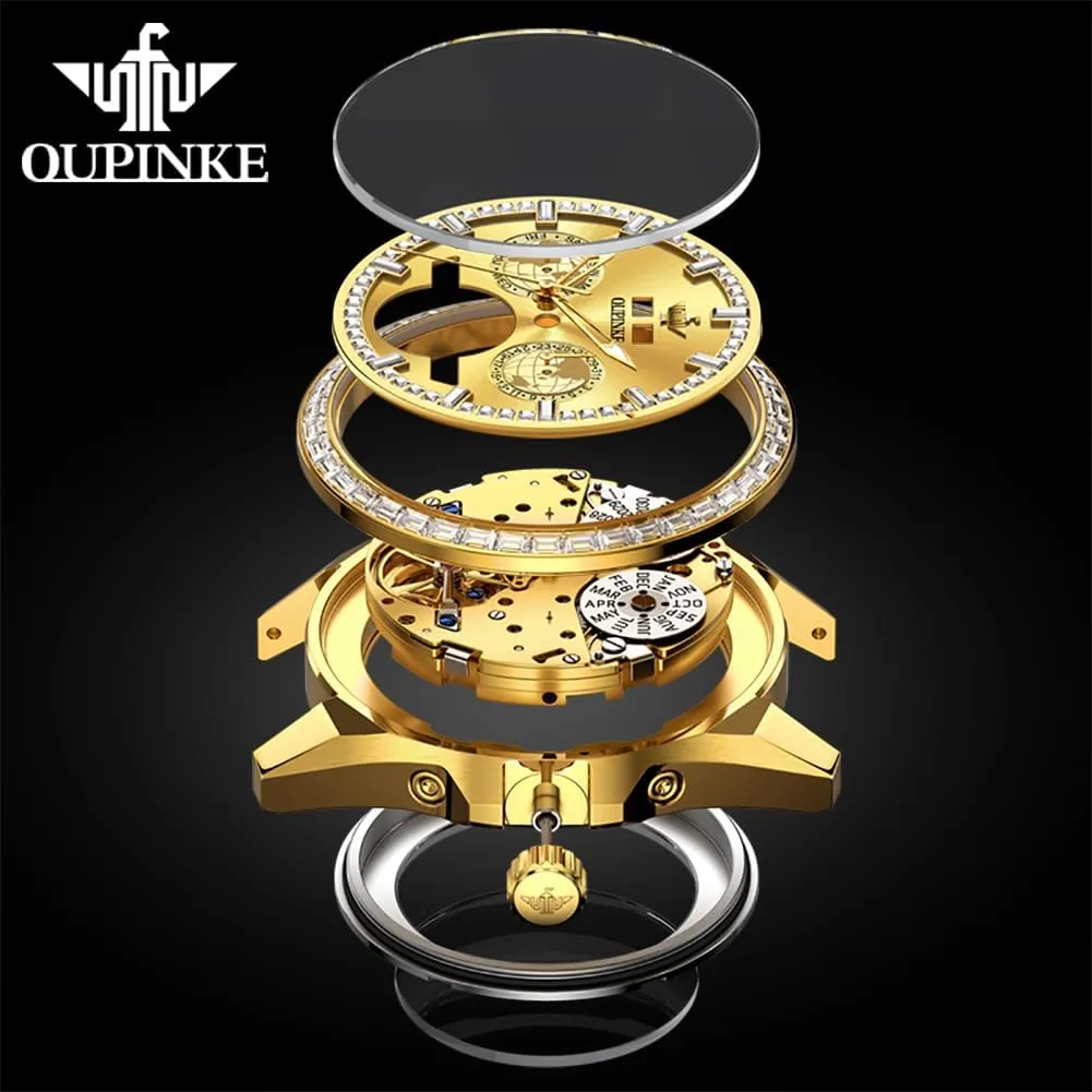 5ATM Waterproof Luminous Calendar Skeleton Watches-Sapphire Crystal Tungsten Steel Strap incubation October guide rod OUPINKE Watch for Men Automatic Wristwatch 3D Dial with 