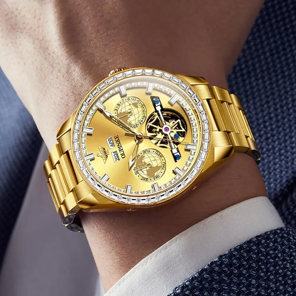 5ATM Waterproof Luminous Calendar Skeleton Watches-Sapphire Crystal Tungsten Steel Strap incubation October guide rod OUPINKE Watch for Men Automatic Wristwatch 3D Dial with 