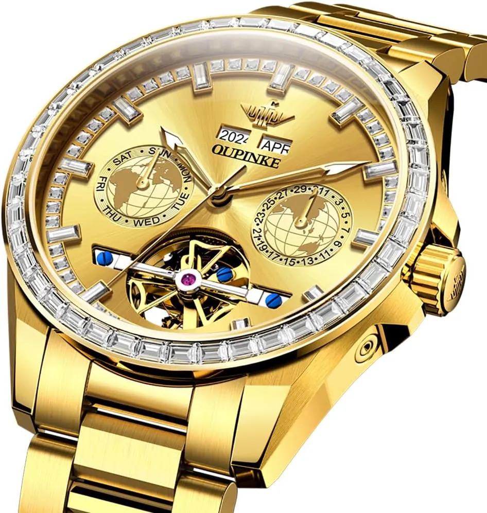 5ATM Waterproof Luminous Calendar Skeleton Watches-Sapphire Crystal Tungsten Steel Strap incubation October guide rod OUPINKE Watch for Men Automatic Wristwatch 3D Dial with 