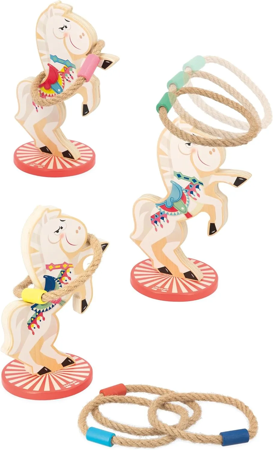 9 Piece Set - 1 equator or More Players - Ages 3 and up - J03366 Janod Applepop Horse Ring Toss Wooden Carnival Game - 