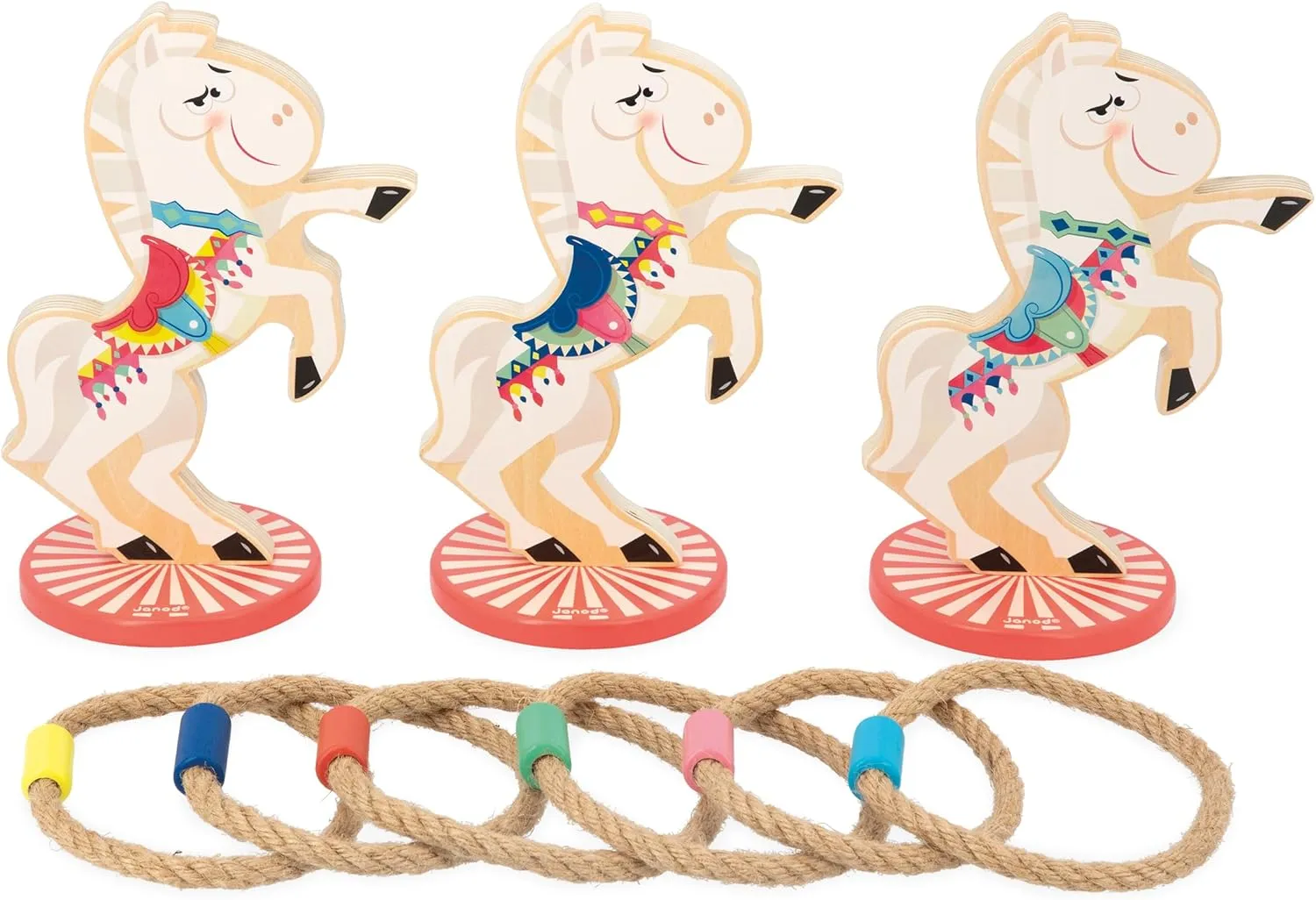 9 Piece Set - 1 equator or More Players - Ages 3 and up - J03366 Janod Applepop Horse Ring Toss Wooden Carnival Game - 