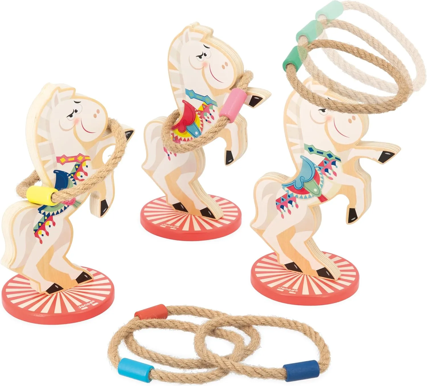 9 Piece Set - 1 equator or More Players - Ages 3 and up - J03366 Janod Applepop Horse Ring Toss Wooden Carnival Game - 