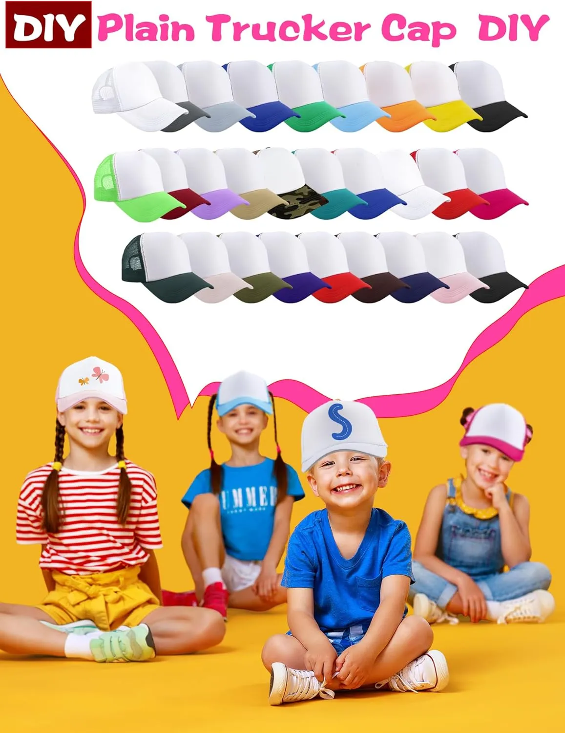 abort Cap for Summer Outdoor Sports 22 Pcs Kids Trucker Hat Adjustable DIY Baseball Hat Sublimation Mesh Cap Blank Baseball 