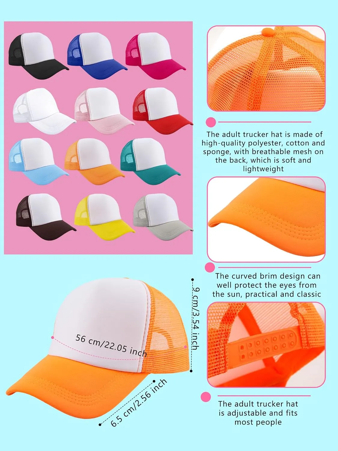 abort Cap for Summer Outdoor Sports 22 Pcs Kids Trucker Hat Adjustable DIY Baseball Hat Sublimation Mesh Cap Blank Baseball 