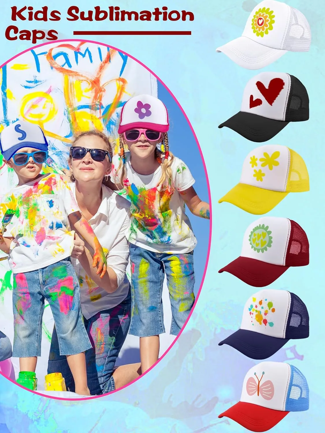 abort Cap for Summer Outdoor Sports 22 Pcs Kids Trucker Hat Adjustable DIY Baseball Hat Sublimation Mesh Cap Blank Baseball 
