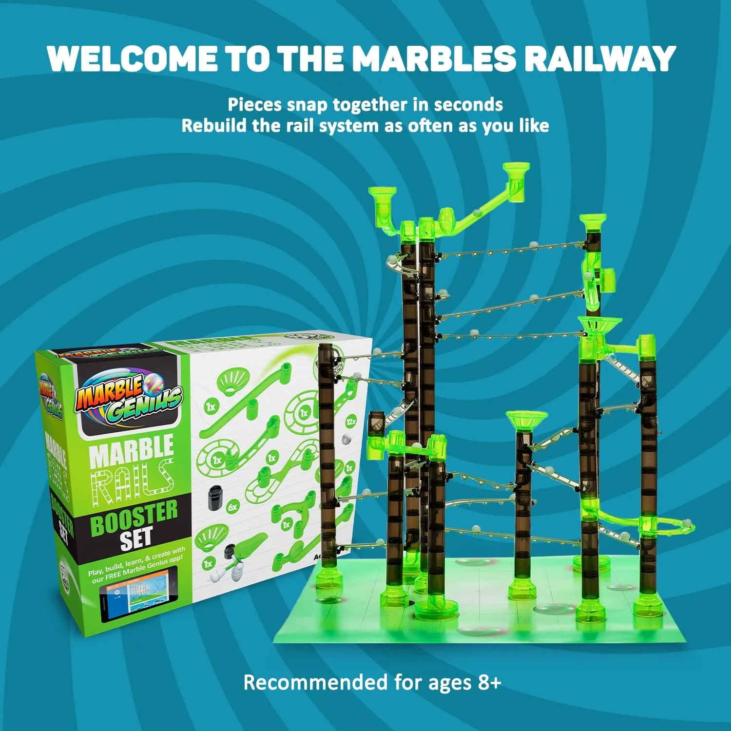 (Action Rails$ Jumps$ Swings$ Tubes & 12 Glass Marbles)$ STEM$ Great for Kids & Teens Marble Genius Add-on Accessory Marble Rails Booster Set$ 30 Piece Marble Run lotus indigenous resemble for Kids 8  