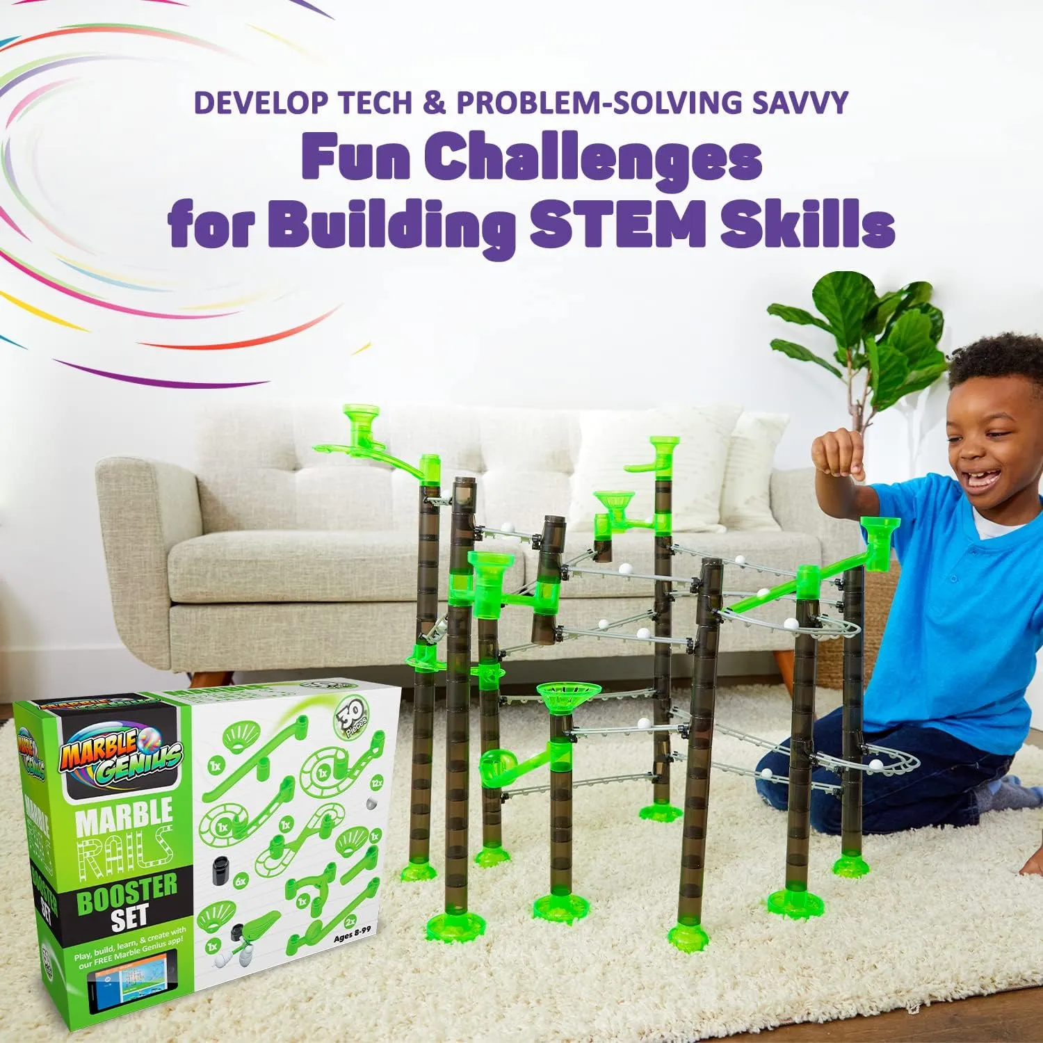 (Action Rails$ Jumps$ Swings$ Tubes & 12 Glass Marbles)$ STEM$ Great for Kids & Teens Marble Genius Add-on Accessory Marble Rails Booster Set$ 30 Piece Marble Run lotus indigenous resemble for Kids 8  