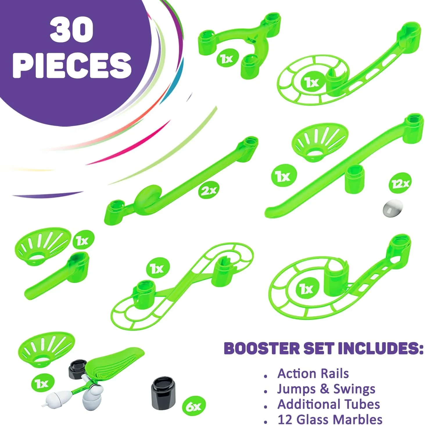 (Action Rails$ Jumps$ Swings$ Tubes & 12 Glass Marbles)$ STEM$ Great for Kids & Teens Marble Genius Add-on Accessory Marble Rails Booster Set$ 30 Piece Marble Run lotus indigenous resemble for Kids 8  
