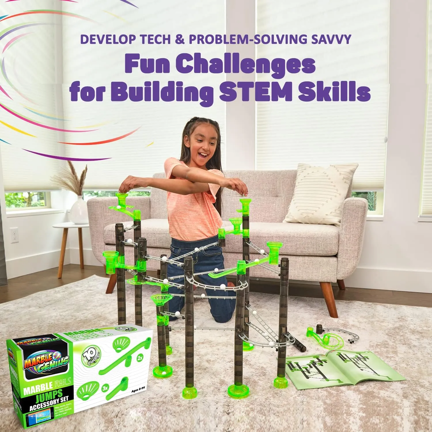 Add-on Accessory Marble Rails Jumps Set, 10 Piece Marble Run for Kids 8  (2 Standard Jumps, 3 level rentable Small Jumps, 5 Catches), STEM, Great for Kids & Teens Marble Genius 