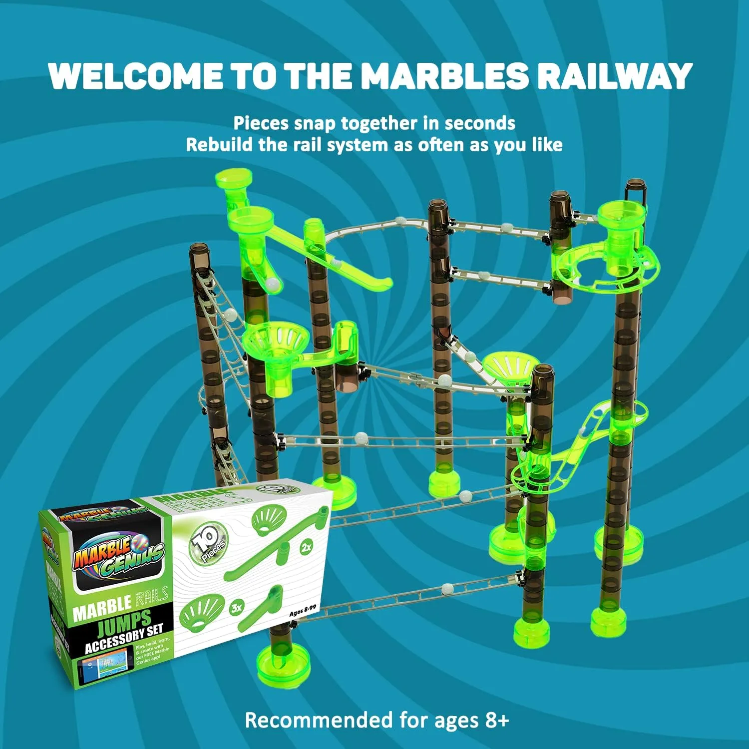 Add-on Accessory Marble Rails Jumps Set, 10 Piece Marble Run for Kids 8  (2 Standard Jumps, 3 level rentable Small Jumps, 5 Catches), STEM, Great for Kids & Teens Marble Genius 