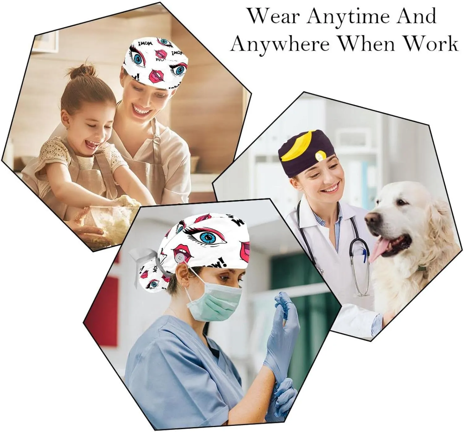 Adjustable Tie Back Skull Hat, One choreograph ooze Size Working Head Cover 2 Packs Shape Pattern Nurse Scrub Caps Women Long Hair, 
