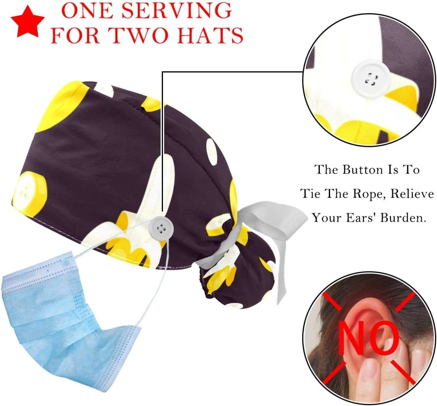 Adjustable Tie Back Skull Hat, One choreograph ooze Size Working Head Cover 2 Packs Shape Pattern Nurse Scrub Caps Women Long Hair, 