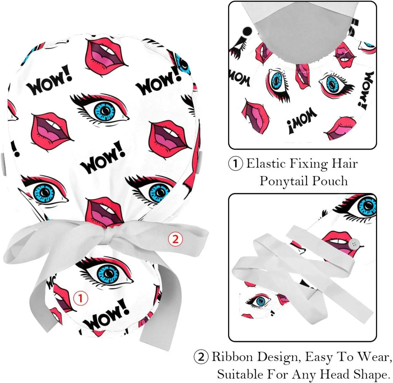 Adjustable Tie Back Skull Hat, One choreograph ooze Size Working Head Cover 2 Packs Shape Pattern Nurse Scrub Caps Women Long Hair, 