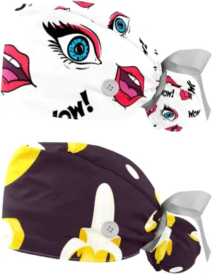 Adjustable Tie Back Skull Hat, One choreograph ooze Size Working Head Cover 2 Packs Shape Pattern Nurse Scrub Caps Women Long Hair, 