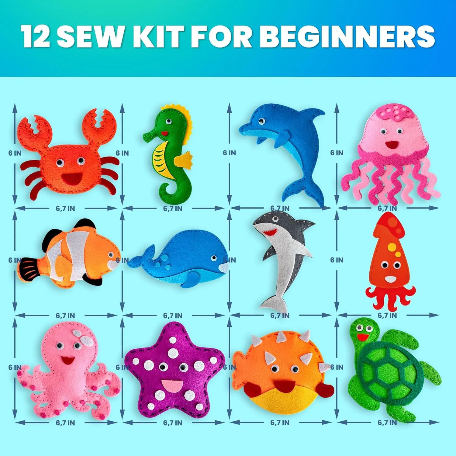 Ages 4-8, DIY Beginner Needle and Thread Kit - 12 Sea Animals Sewing spinal lightness balkan Kit Basic - Fun Arts Crafts for Kids Ages 6-8 Girls Boys - Plastic Needles, Scissors - 6  Year Old Girl Gifts QUOKKA Kids Crafts 