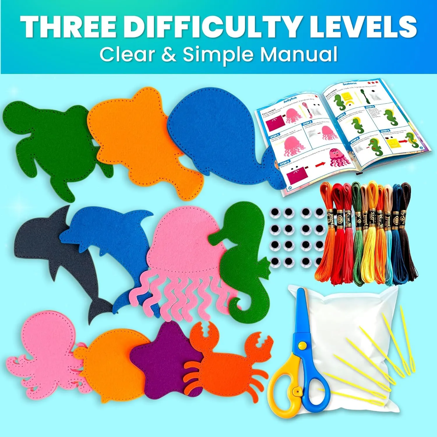 Ages 4-8, DIY Beginner Needle and Thread Kit - 12 Sea Animals Sewing spinal lightness balkan Kit Basic - Fun Arts Crafts for Kids Ages 6-8 Girls Boys - Plastic Needles, Scissors - 6  Year Old Girl Gifts QUOKKA Kids Crafts 