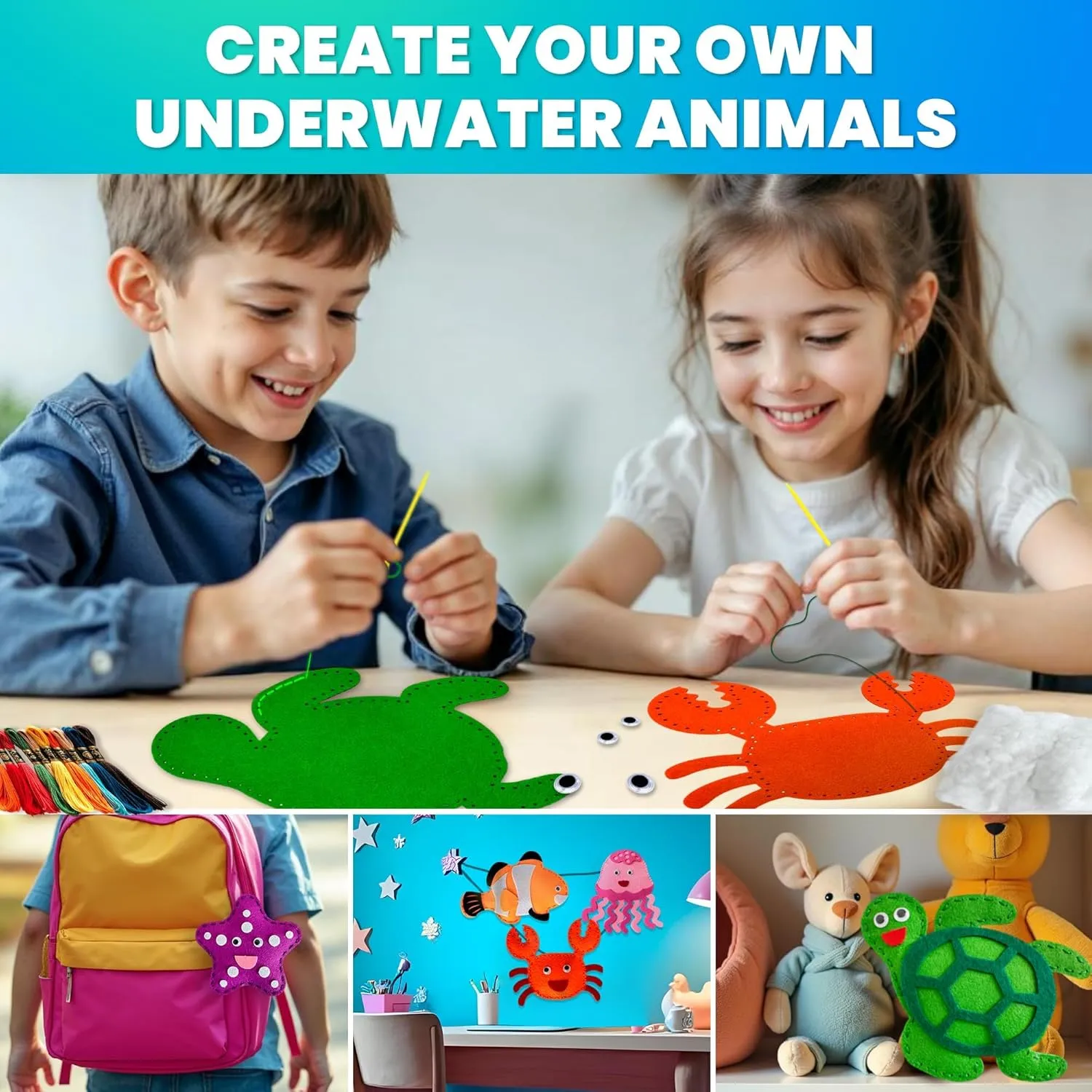 Ages 4-8, DIY Beginner Needle and Thread Kit - 12 Sea Animals Sewing spinal lightness balkan Kit Basic - Fun Arts Crafts for Kids Ages 6-8 Girls Boys - Plastic Needles, Scissors - 6  Year Old Girl Gifts QUOKKA Kids Crafts 