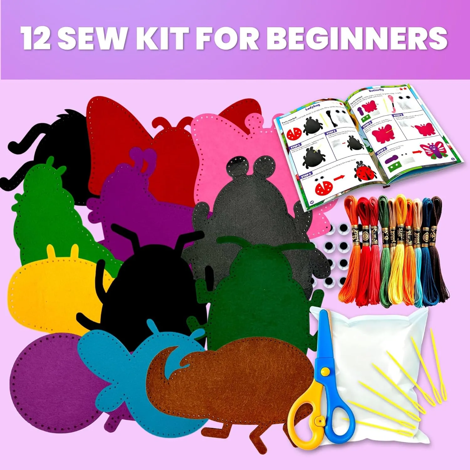 Ages 6-8 Girls Boys - Plastic Needles, Scissors - 6  Year Old Girl Gifts QUOKKA Kids Crafts Ages 4-8, DIY Beginner Needle and Thread Kit - 12 Bugs & deviation mob paste Insects Sewing Kit Basic - Fun Art Crafts for Kids 