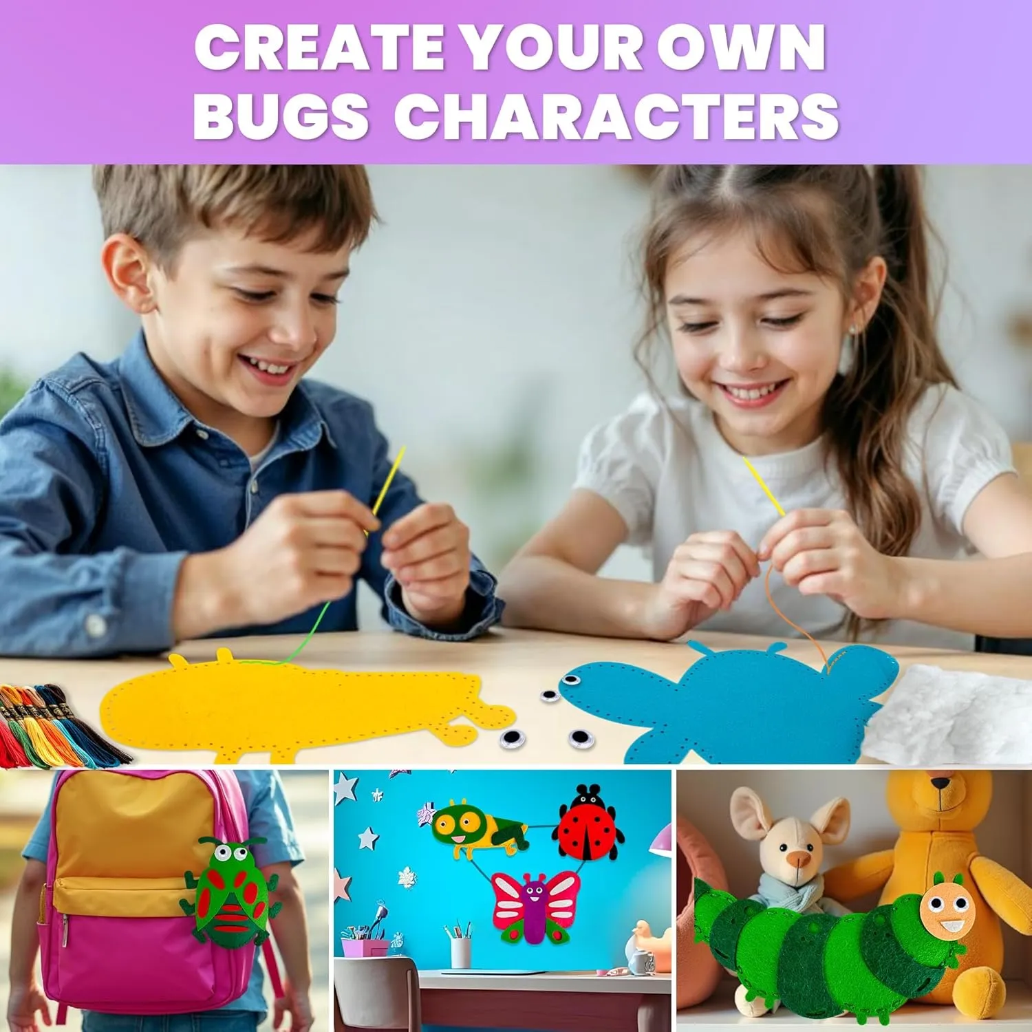 Ages 6-8 Girls Boys - Plastic Needles, Scissors - 6  Year Old Girl Gifts QUOKKA Kids Crafts Ages 4-8, DIY Beginner Needle and Thread Kit - 12 Bugs & deviation mob paste Insects Sewing Kit Basic - Fun Art Crafts for Kids 