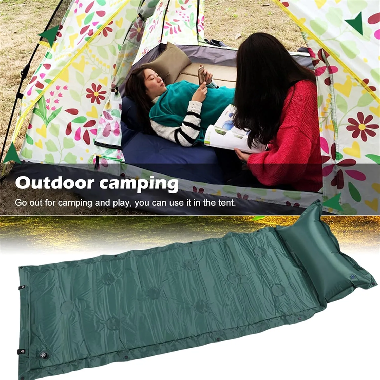 Air Mattress Bag Camping Pad emotion Picnic Beach Mat Sand Mat Beautiful Scenery (Green 183cm (with Pillow)) GaRcan Camping Roll Mat Sleeping Bed Inflatable Pillow 