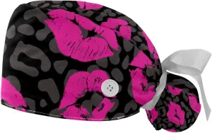 & Sweatband, Unisex Tie Back Hats 2 Packs Leopard powerfully Blue Scrub Hats for Women Long Hair, Working Cap with Button 